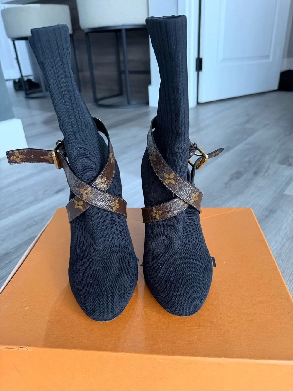 Louis Vuitton Black Sock Boot with Brown Monogram Strap - Picture 2 of 3